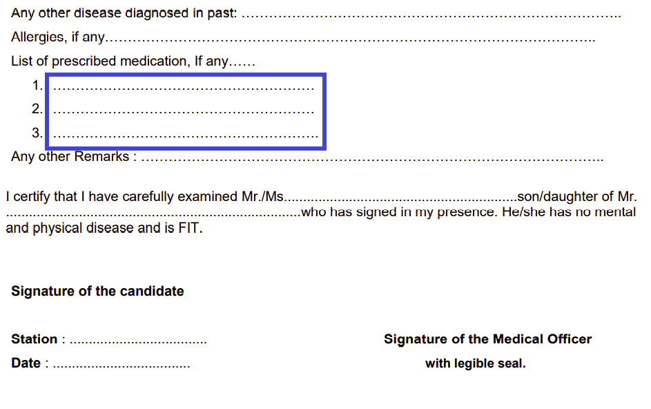 List the prescribed medication on Medical Fitness Certificate