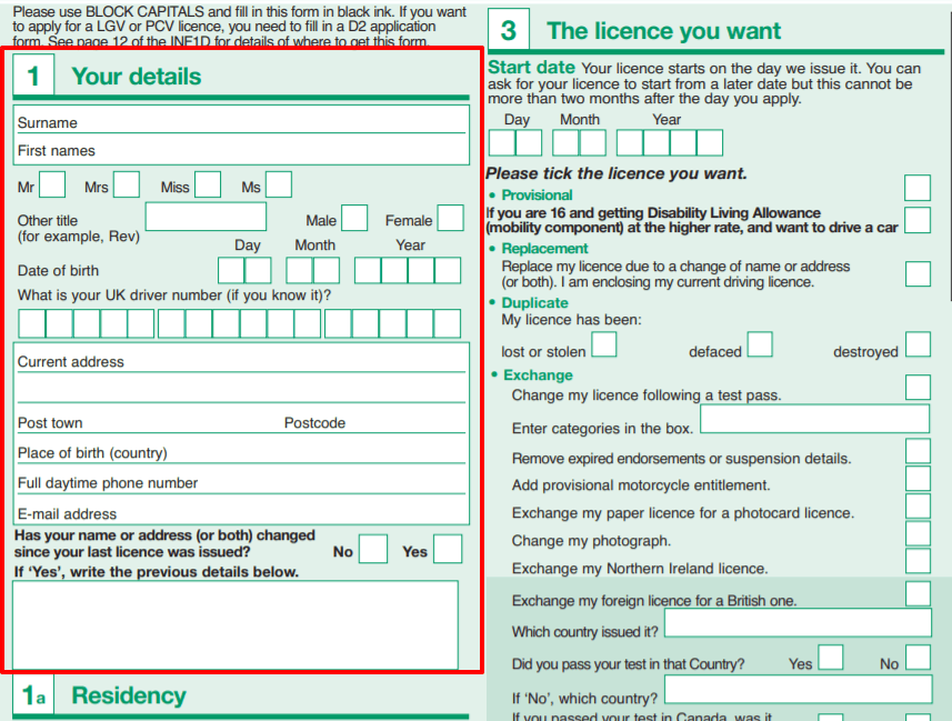Free Printable DVLA D1 Form Driving Licence Application PDF 