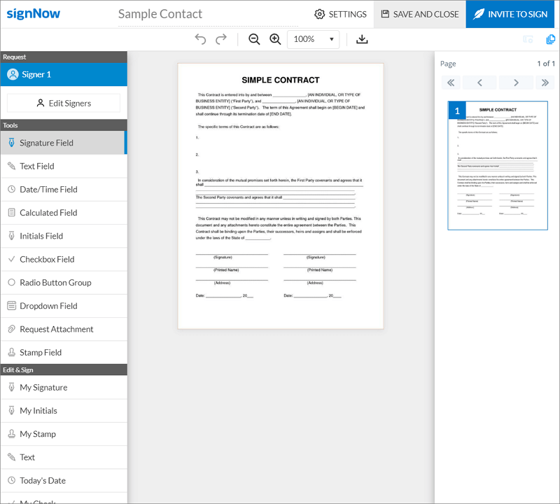 SignNow's interface for e-signing PDFs