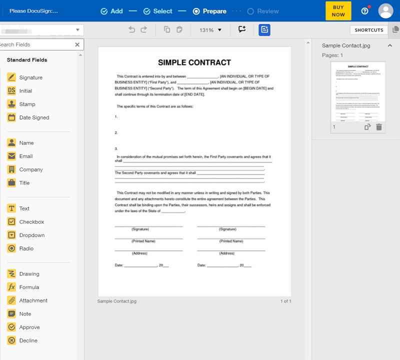 DocuSign's interface for e-signing PDFs