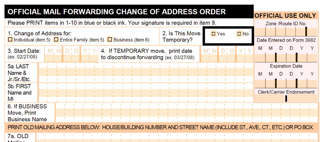 Select if this move is temporary on PS Form 3575