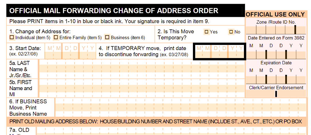 Fill in the date to discontinue forwarding on PS Form 3575